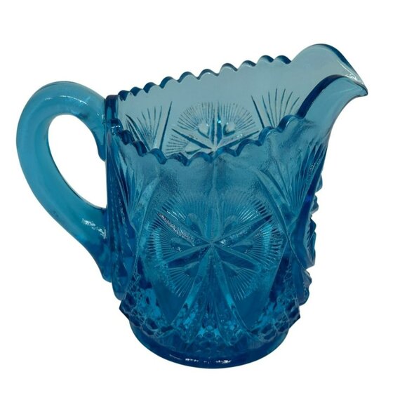 VTG Kemple Glass Yutec Fan & Star Blue Creamer Pitcher Sawtooth Edge MCM - Picture 1 of 8